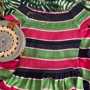 Blue Green & Pink Striped Off-the-Shoulder Dress